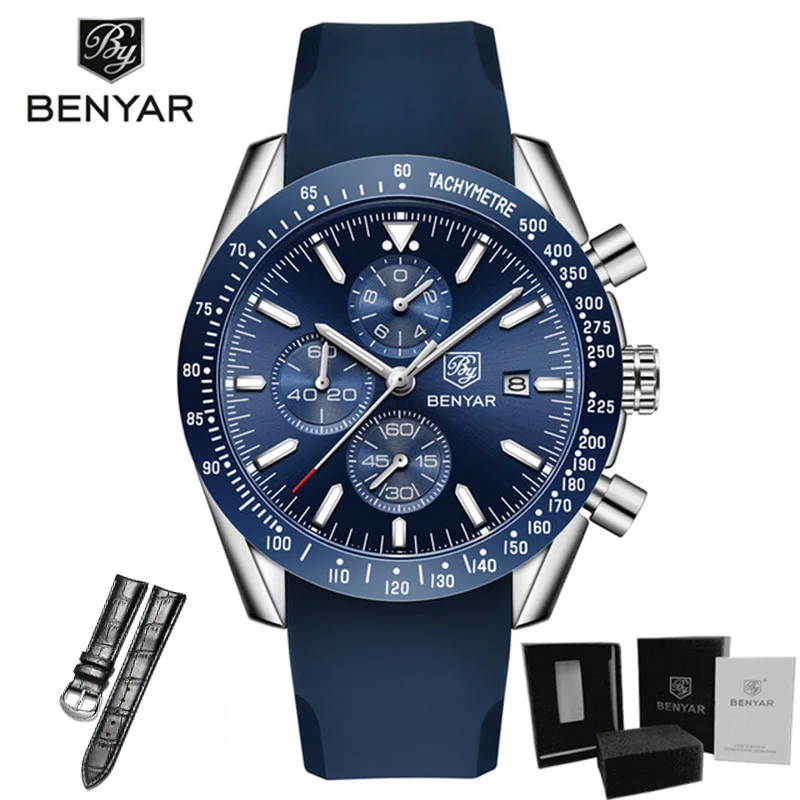 Blue Strap Часы мужские роскошные брендовые BENYAR мужские синие часы с силиконовым ремешком наручные часы Мужские часы с хронографом мужские часы Relogio Masculino - Цвет: Blue Strap