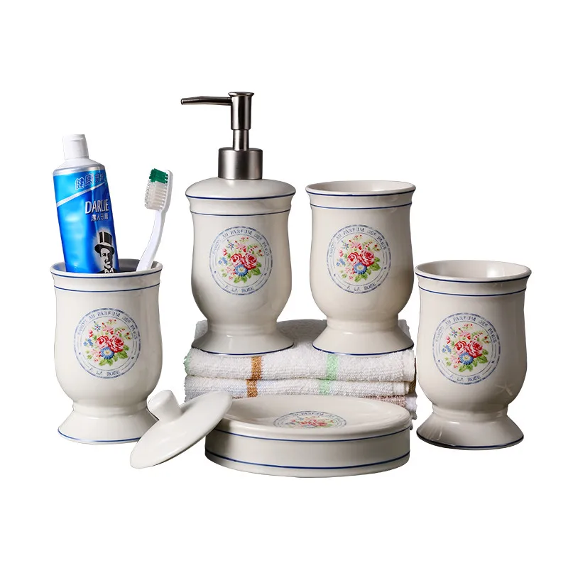 

Bathroom Accessories Set Ceramic Soap Dispenser Toothbrush Holder Gargle Cup Soap Dish 5 Pieces Set Wedding Gifts Free Shipping