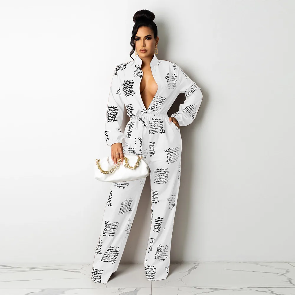 

Newspaper Letter Print One Piece Jumpsuit Women Stand Collar Full Sleeve Straight Romper High Street Buttons Sashes Bodysuits