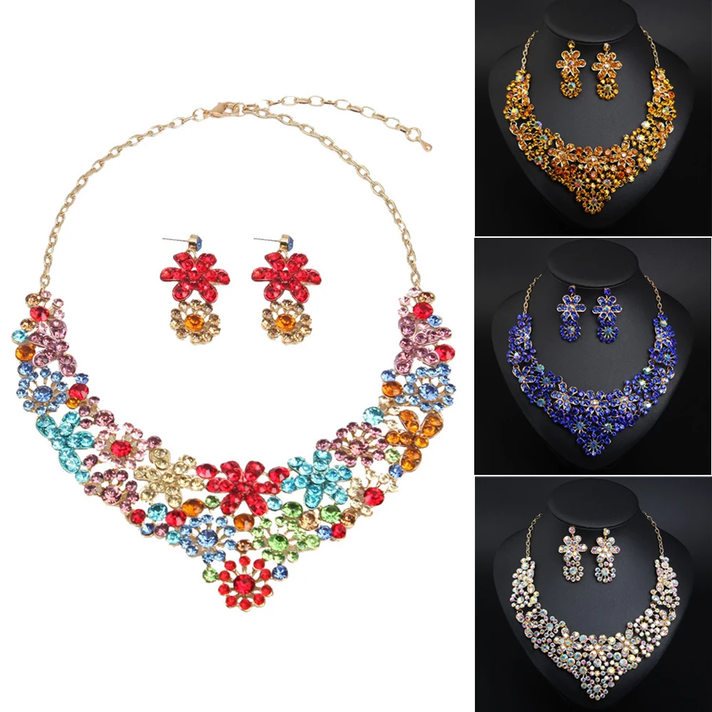 Свадебный цветок Кристалл Стразы комплект ювелирных изделий Биб колье серьги