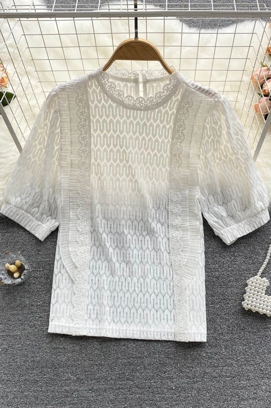 

Heavy industry pleated wood ear lace lace slim fit all-match age-reducing puff sleeve top women's summer dress 2021 new trend