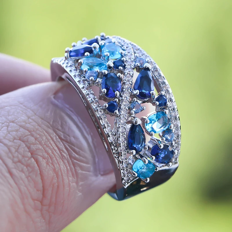 

Gorgeous Silver Color White Blue Zircon Ring Women Wedding Party Finger Ring Elegant Birthday Gift Fashion Jewelry