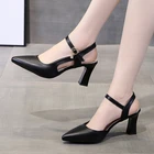 Женские босоножки на высоком каблуке, черные туфли-лодочки с острым носком и ремешком на щиколотке, модель 9209N на лето, 2021