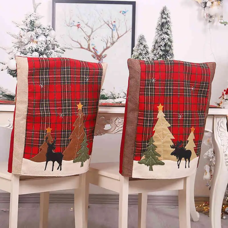 

Christmas Decorations Forest Plaid Chair Set Elk Sticker Stool Set Home Restaurant Christmas Atmosphere Layout Chair Cover