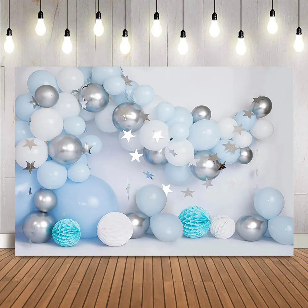 

Light blue balloons cake smash portrait backdrop for photography studio sliver stars balloons wall photoshoot background props