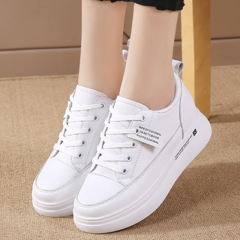 

Genuine Leather White Shoes for Women 2021 Autumn Casual Platform Sneakers Zapatillas Mujer Hidden Heel Ladies Shoes Footwear