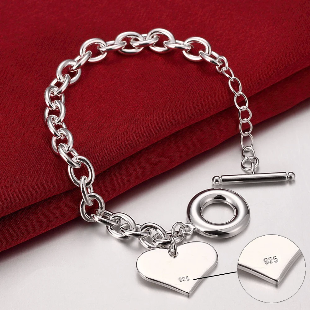 

Sterling Silver Lucky Bracelets Cuff Fashion Love Heart Chain Bangle Women Ladies Girls Jewelry Gift Silber