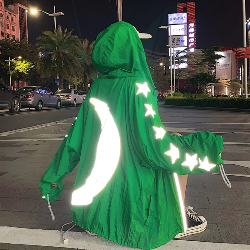Hoodies Women Harajuku Oversized Outerwear &amp Coats Reflective Moon Stars Printed Loose Casual Hooded Swaetshirt Sun Protection |