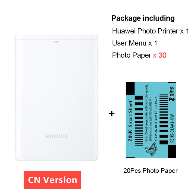 CN Version 30 Paper Huawei мини фотопринтер портативный карманный принтер honor мобильный телефон AR принтер 300 точек/дюйм Bluetooth 4,1 Поддержка DIY поделиться 500 мАч - Цвет: CN Version 30 Paper