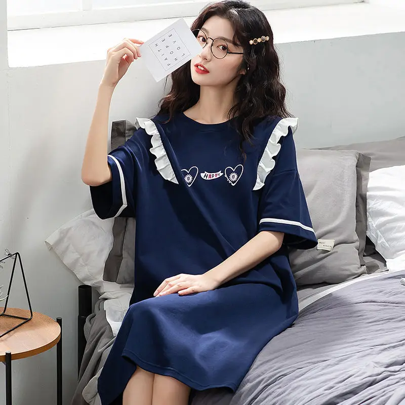 Women's Nightdress Summer Short-sleeved Cotton Cute Plus Size Loose Pajamas Soft and Comfortable Ladies Home Service Sleepwear