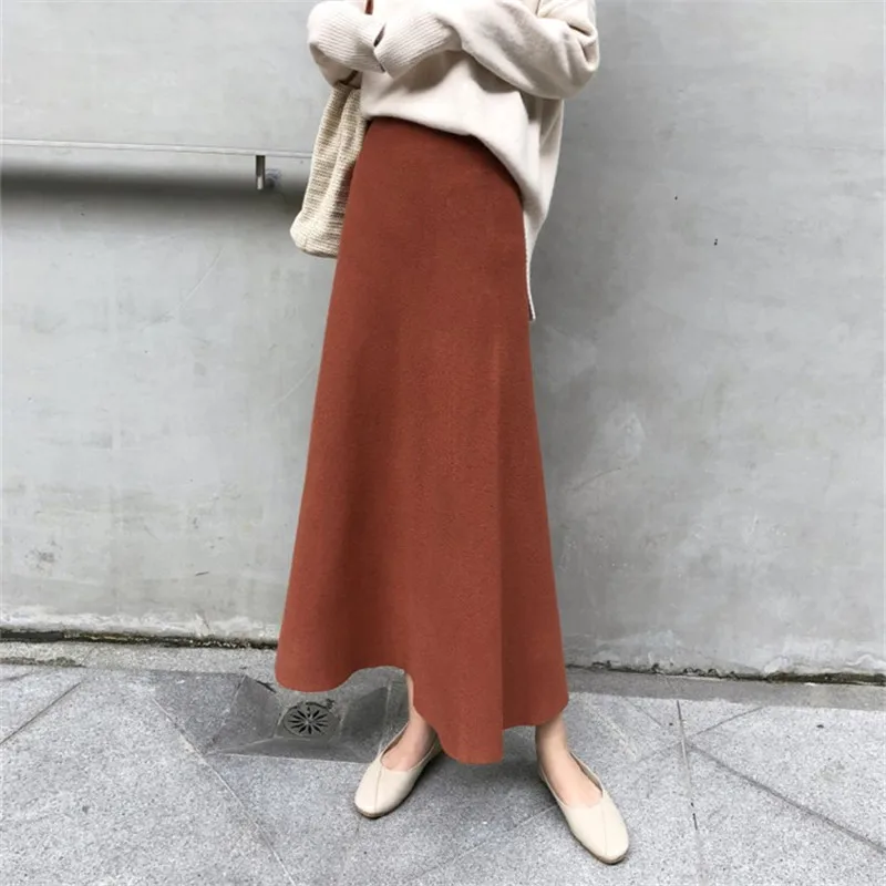 

Mazefeng 2020 Women Autumn Winter Knitted Vintage Midi A-Line Skirts Mid-Calf Empire Korean Style Elegant Fashion Skirt One Size