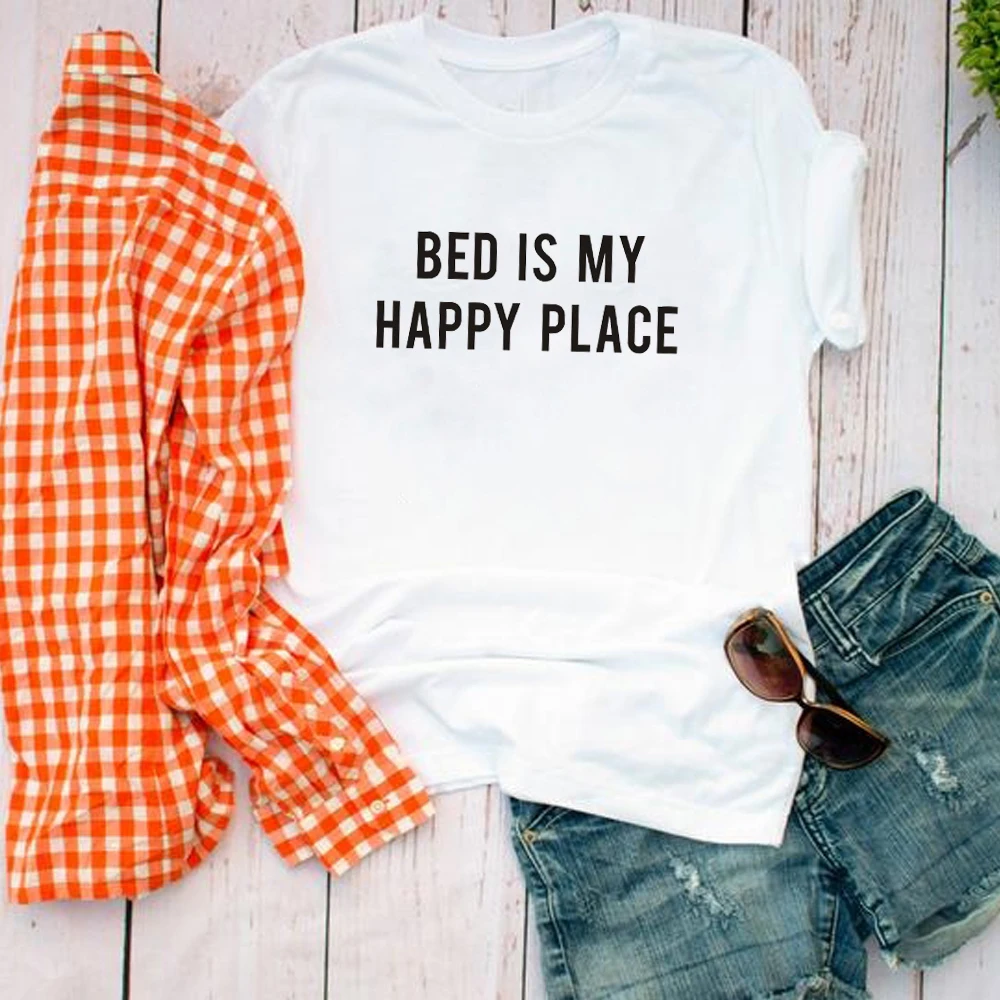 Женская хлопковая Футболка с принтом кровати is my happy место Tumblr Подарочный Топ для