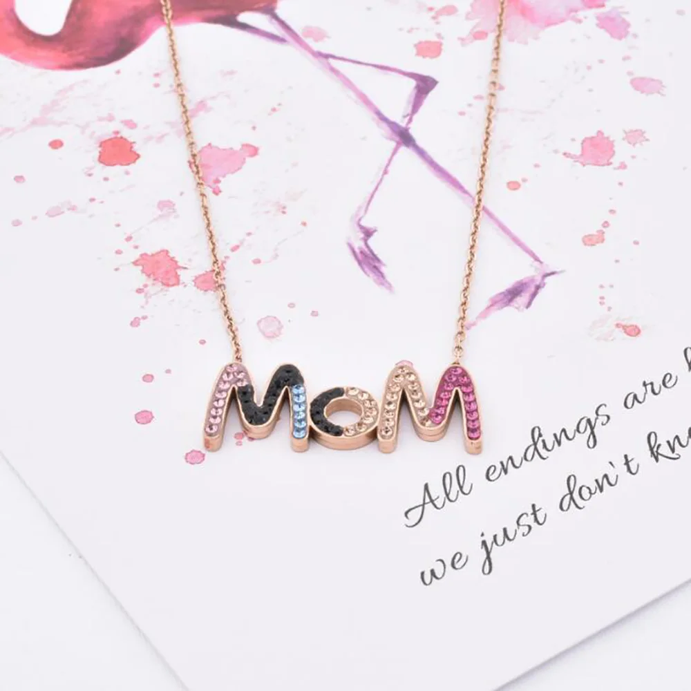 Stainless Steel Rose Gold Mother Days MOM Pendant Necklace Crystal Cz Stone Mom Minimalism Necklaces For Him | Украшения и