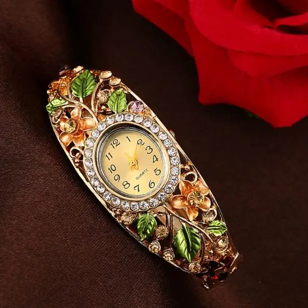 

Women Lady Beauty Crystal Colored Alloy Flower Bangle Bracelet Gold Watch Analog Quartz Gemstone Classic Dress Wristwatch Fashio