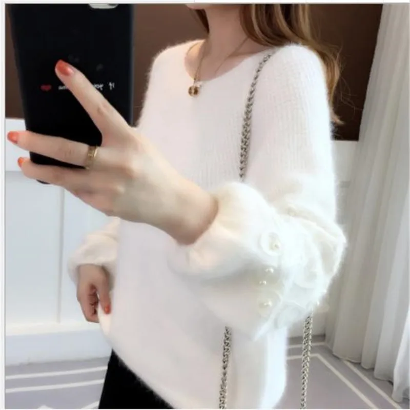 Женский трикотажный пуловер с жемчужинами мягкий теплый джемпер на осень и зиму