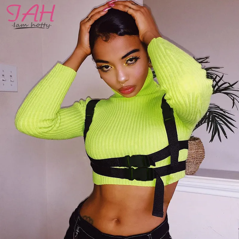 IAMHOTTY мешок пряжки уличная футболка для женщин зеленые листья с высоким вырезом