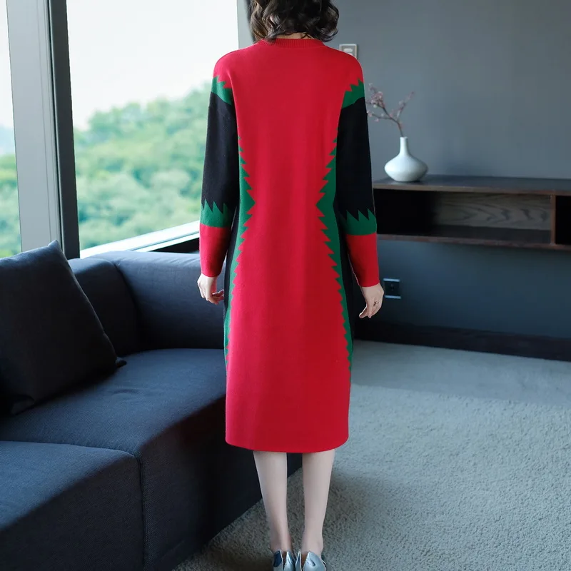 Knitted Long Sweater Dress Female 2021 Autumn Winter New Contrast Color Loose Large Size Women Pullover Sweaters Dresses L4114 | Женская