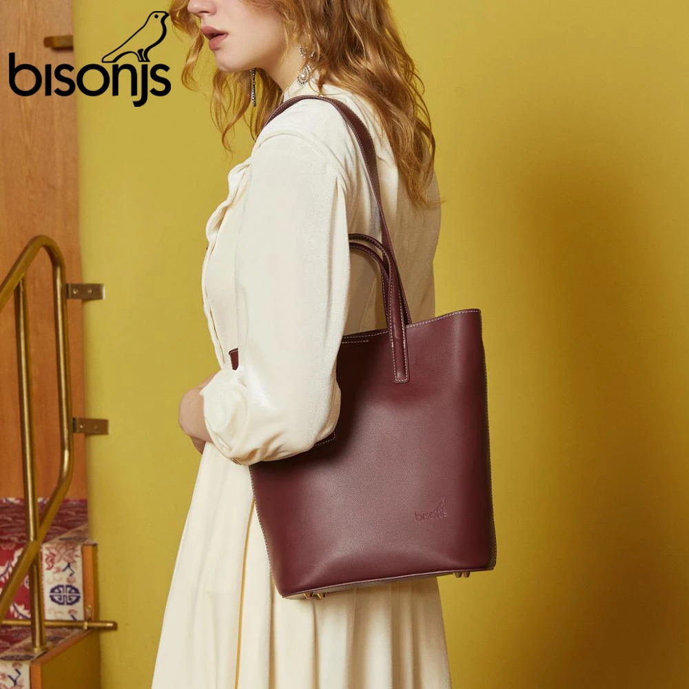

BISONJS Cowhide Leather luxury handbags women bags designer Oil Wax Shoulder Bag iPad A4 Tote Handbag bolsa feminina 2020 B1874