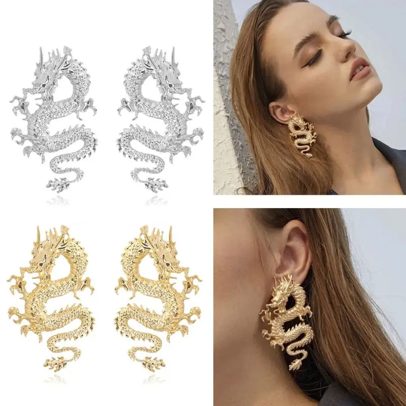 

Punk Rock Gold Silver Firery Dragon Stud Earrings Thrones Costume Animal Dragon Stud Earrings Jewelry