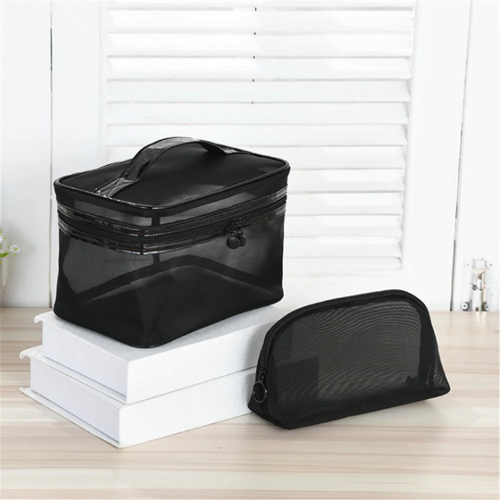 

1pc Large Black Cosmetic Bag Portable Transparent Mesh Makeup Pouch Travel Organizer Trendy Toiletry Lipstick Brush Bag Necessar