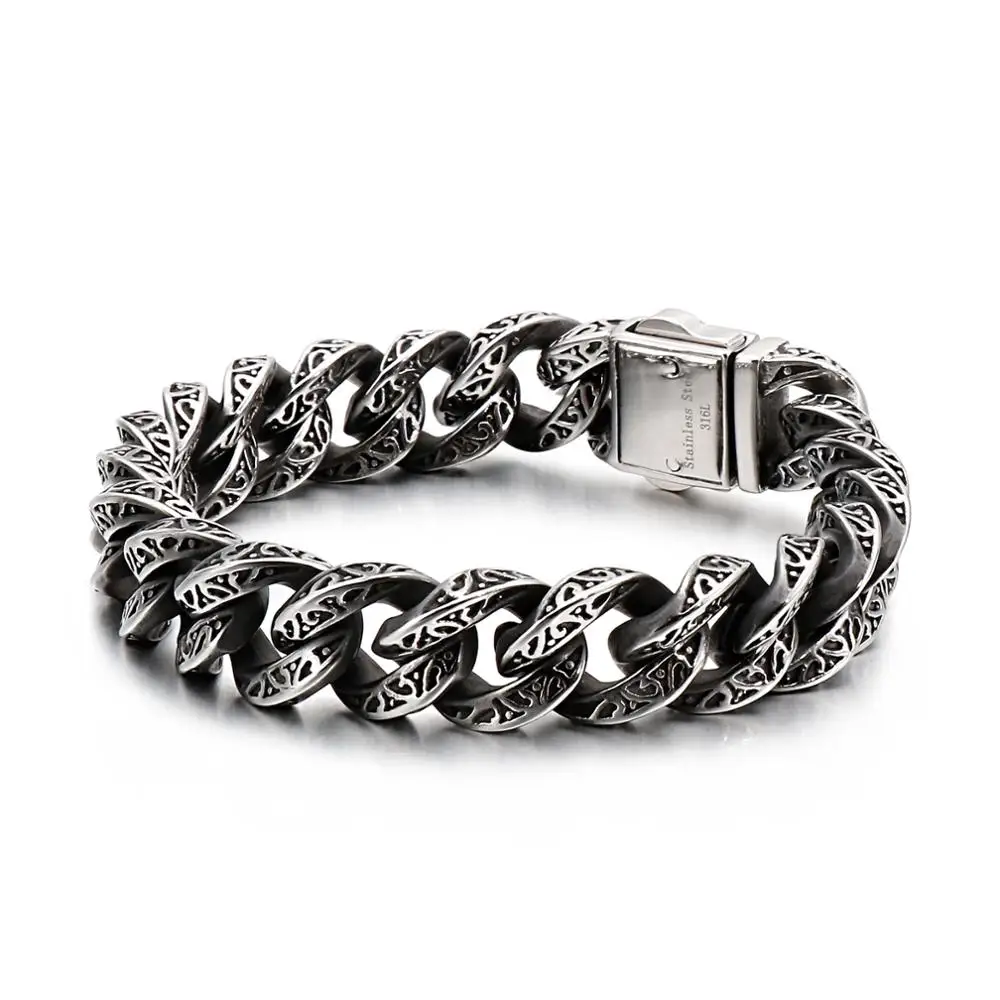 Мужской серебряный браслет 13 мм с узором листьев из нержавеющей стали 316