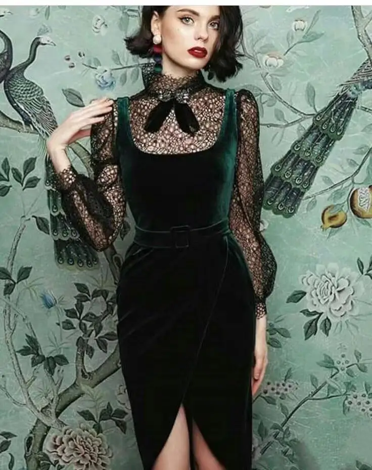 Бархатная водолазка новый стиль модное кружевное платье элегантное винтажное