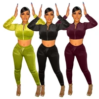 2021 autumn velvet two piece set woman long sleeve zipper pocket crop top and high waist jogging pants activewear outfits