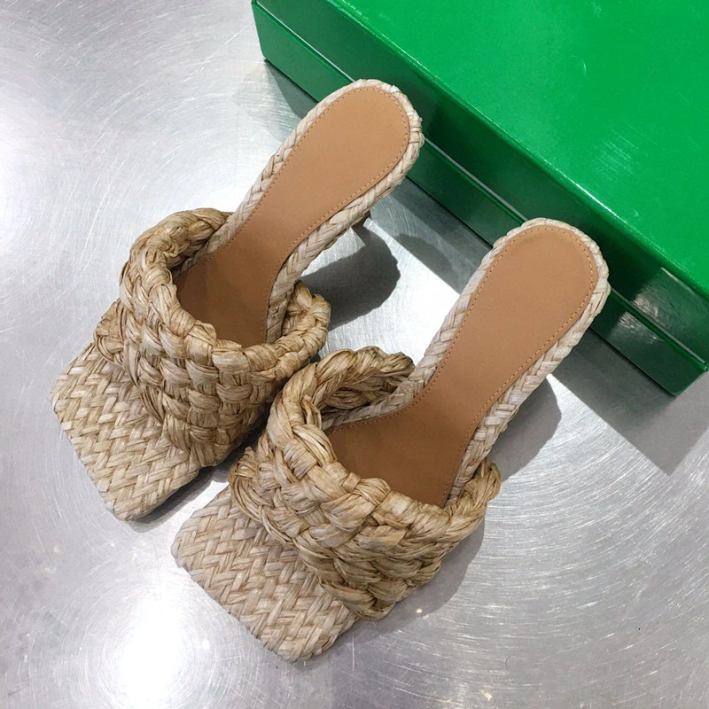 

2021 Candy Color Handmade Weave Slippers Women Square Peep Toe Thin High Heel Sandals Summer Party Sandalias Runway T-Show Shoes