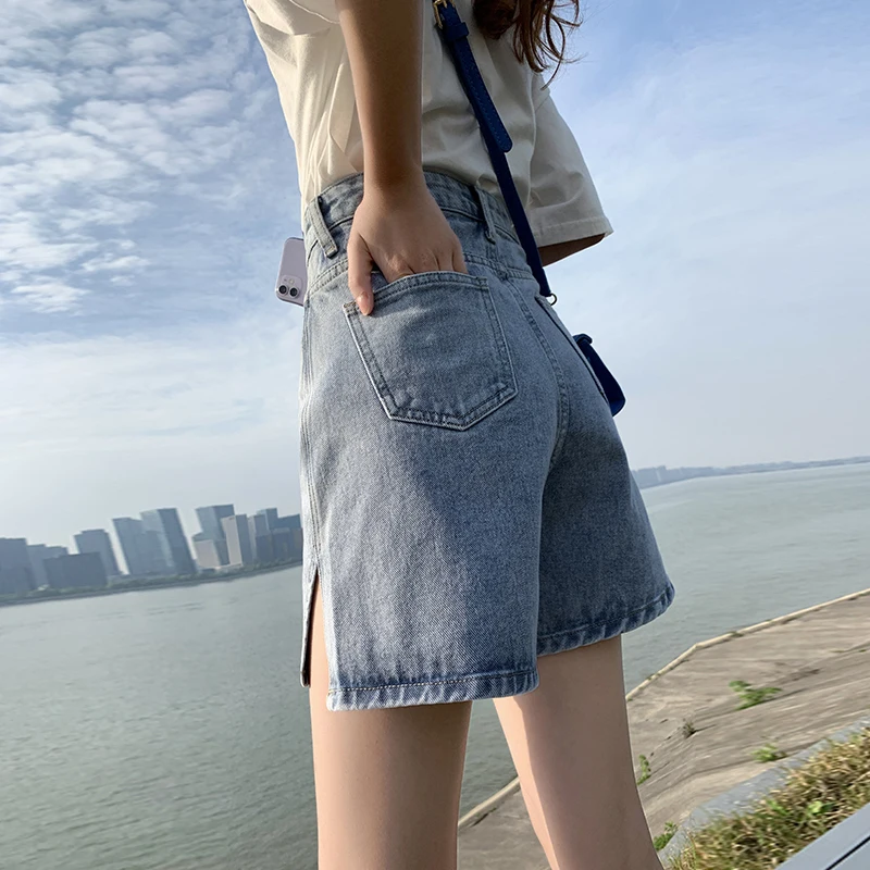 

Summer 2021 New Wide Leg Denim Shorts Women's Loose Thin Side split Jeans Short Pants Casual Straight Retro High Waisted Shorts