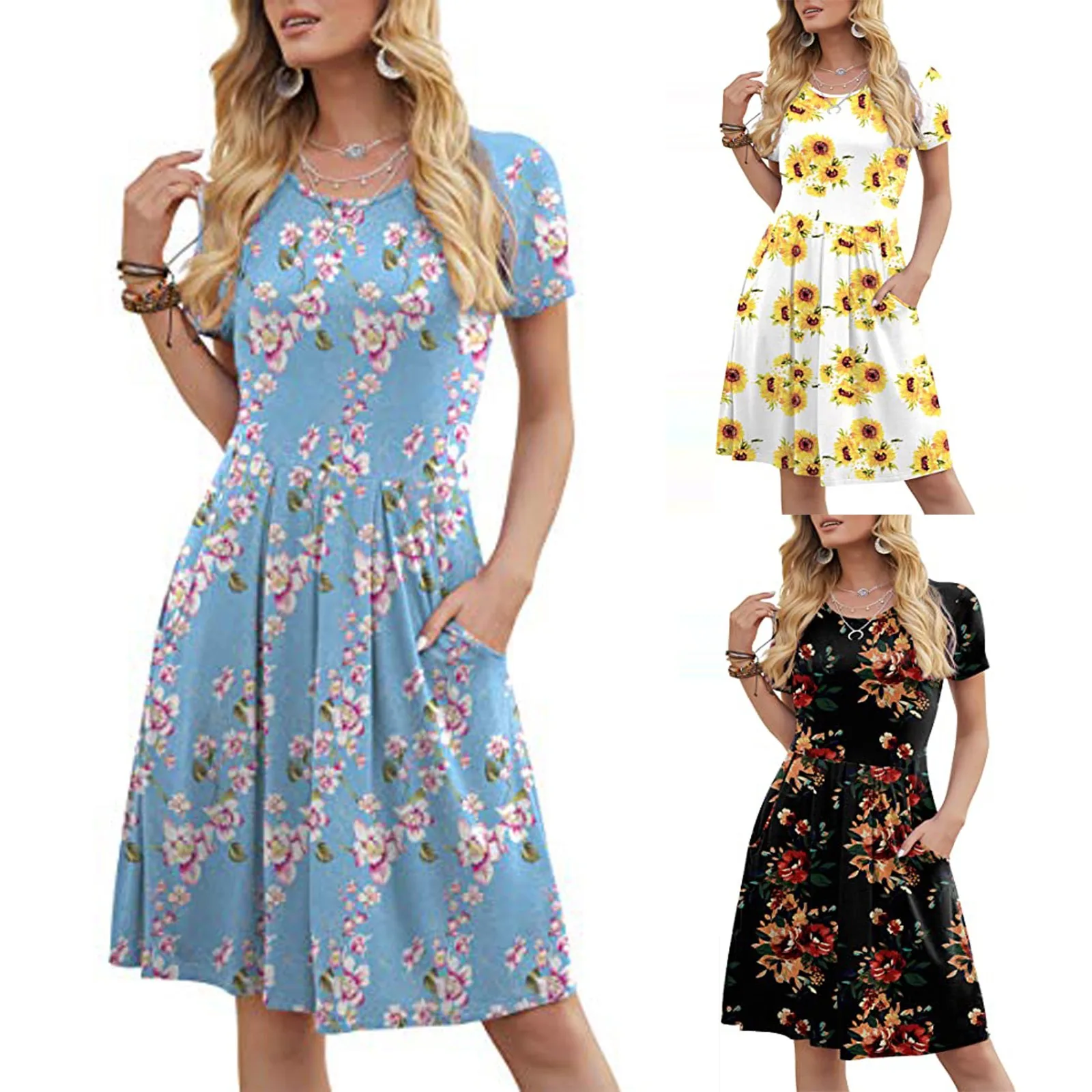 

2021 New Fashion Summer Midi Dresses Vestidos Casual Dress For Women енское лае Elegant O Neck Short Sleeve Pocket Sundress