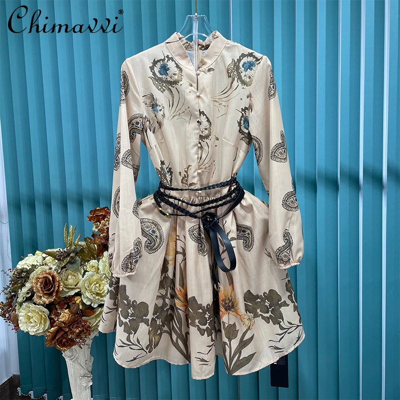 

French High-end Cotton and Linen Long-Sleeved Dress for Women 2021 Summer Retro Printed Chic Shirts Dress Slim Elegant Dress