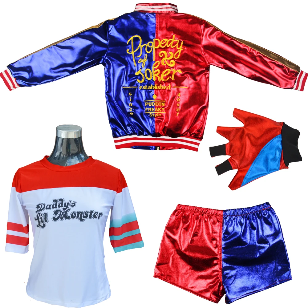 4pcs with gloves Высокое качество, карнавальный костюм для девочек, отряд самоубийц, Харли Куинн, наборы с вышивкой, Джокер, монстр, клоун, наряды - Цвет: 4pcs with gloves
