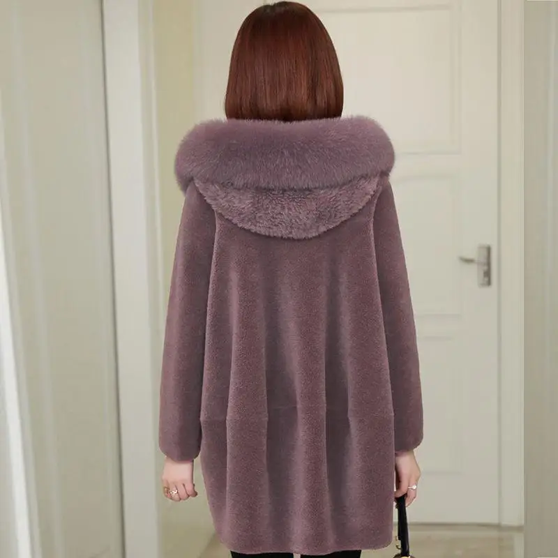 Женская зимняя шуба из овечьей шерсти куртка натурального меха лисы с капюшоном