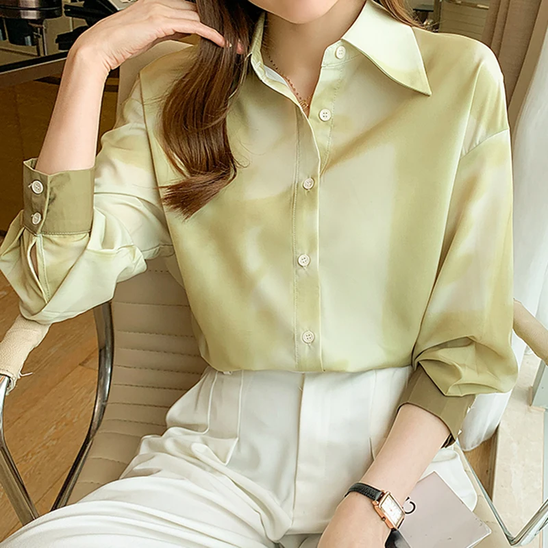 

Однотонная элегантная женская рубашка с принтом, с завязкой, Новинка осени 2021, шифоновая рубашка, свободная блузка с длинным рукавом, рубашк...