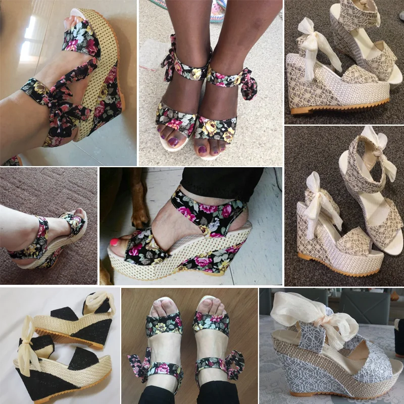 

Shoes Women 2020 Summer New Sweet Flowers Buckle Open Toe Wedge Sandals Floral high-heeled Shoes Platform Sandals