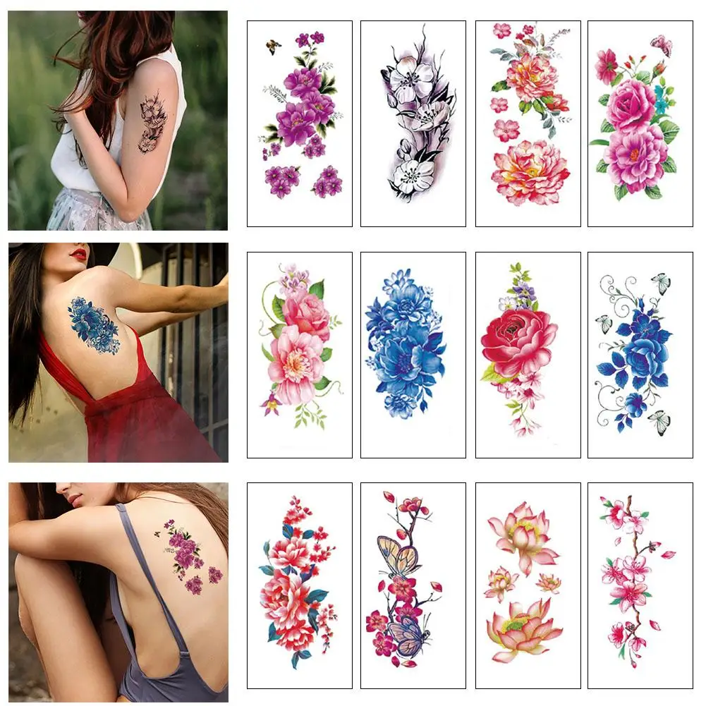 

Tattoo Pack Of 12 Sheets Flower Temporary Tattoos Stickers Lotus Cherry Blossoms Flash Tattoo Color Sending Randomly