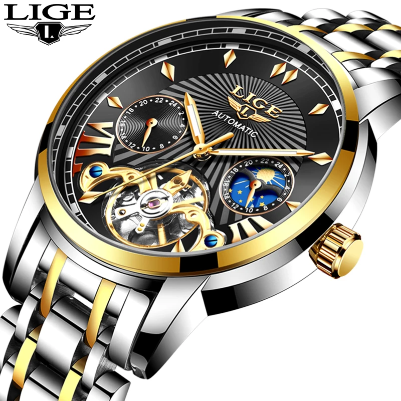 Часы наручные LIGE Мужские механические автоматические спортивные повседневные