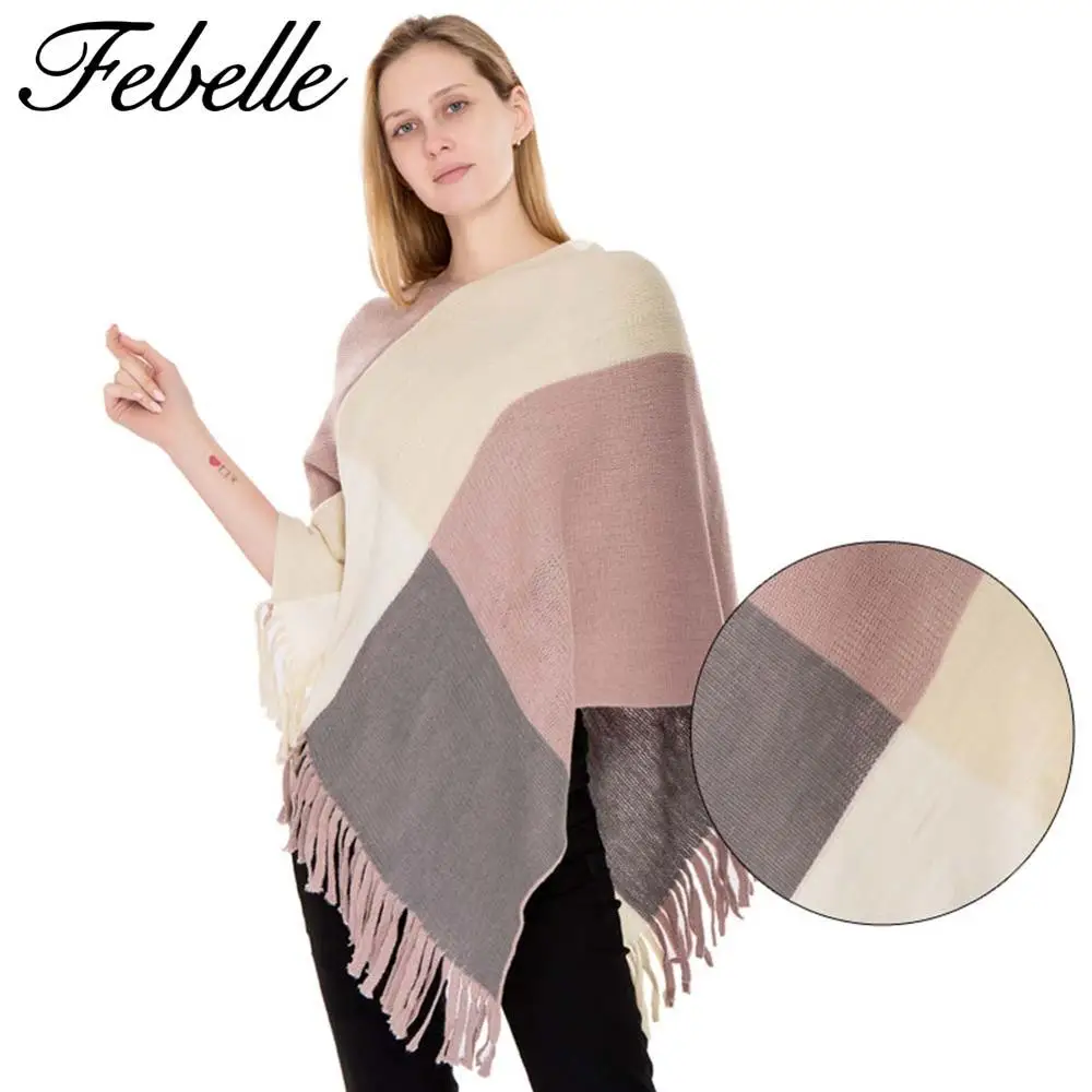 Зимний женский шарф Febelle кашемировая цветная пряжа клетчатая накидка пончо плащ