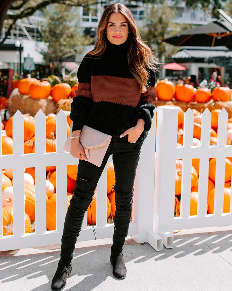 Fitshinling Patchwork Winter Women's Turtleneck Sweaters Pullovers Knitwear Lantern Sleeve Slim Jumper Holiday Casual Pull Femme | Женская