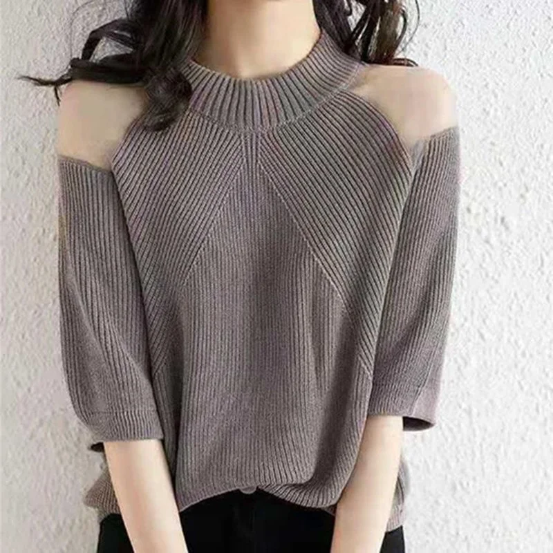 

Mesh Short-sleeved Ice Silk Knit Sweater Ladies New Fashion Loose Pullover Round Neck Solid Color All-match Blouse Women Summer