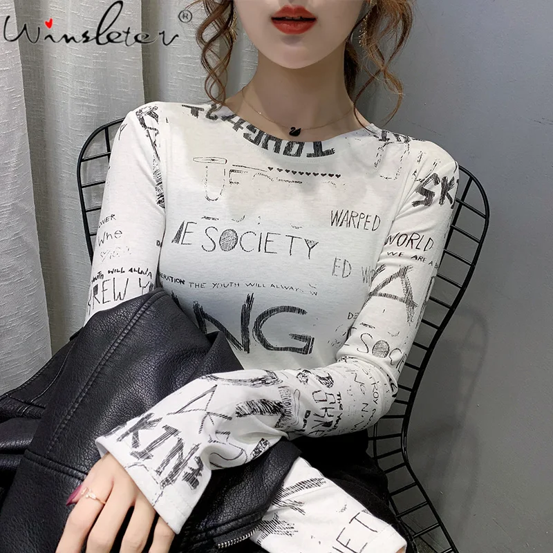 

Spring Fall Korean Style Print Letter T-Shirt Girl Chic Sexy O-Neck Graffiti Women Tops Long Sleeve Cotton Slim Tees New T12801A