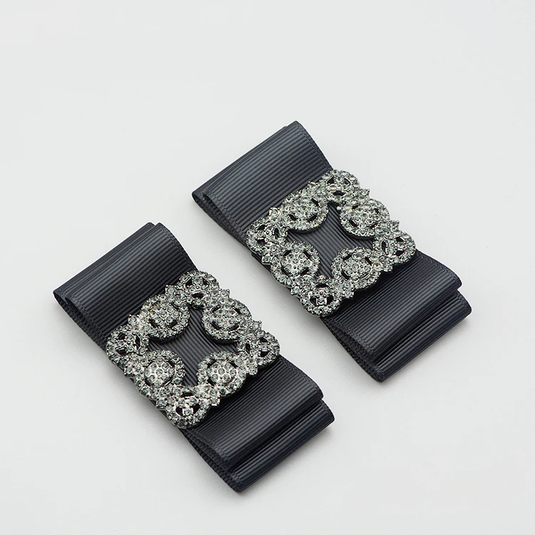 1 Pair Ribbon Rhinestone Buckle Shoe Accessories Woman Ladies Black Bow Shoe Clips Decoration Removable Shoes