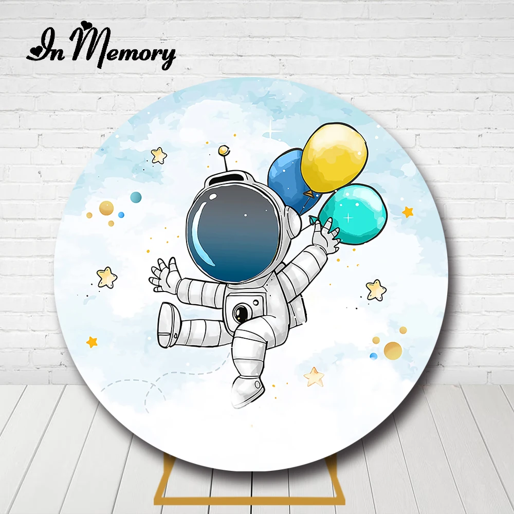 

Эластичный задний фон InMemory с изображением мультяшных астронавтов космоса шаров звезд мальчиков для будущей матери дня рождения вечеринки круга