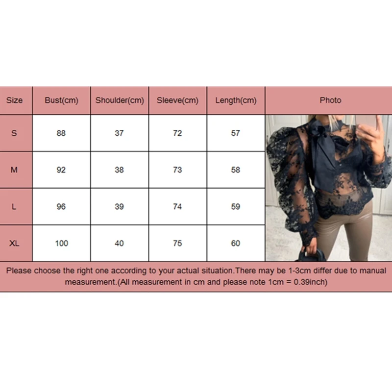 

Sexy Women Lady Crochet Mesh Sheer See-Through Long Puff Sleeve Tops Shirt Bow Neck Loose Casual Blouse Top