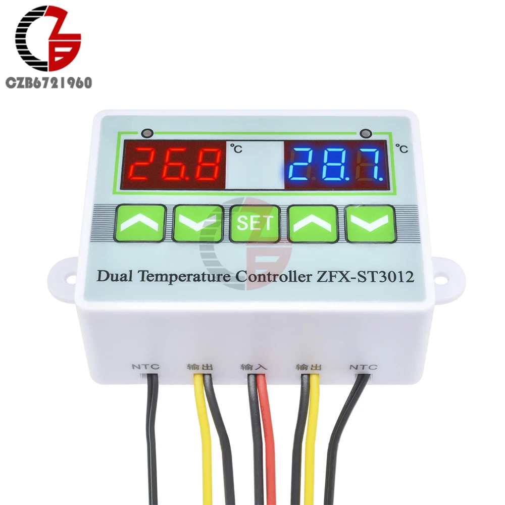 ST3012 DC 24V Интеллектуальный двойной цифровой регулятор температуры Термостат для инкубатора Крытый Открытый терморегулятор Красный Синий светодиодный
