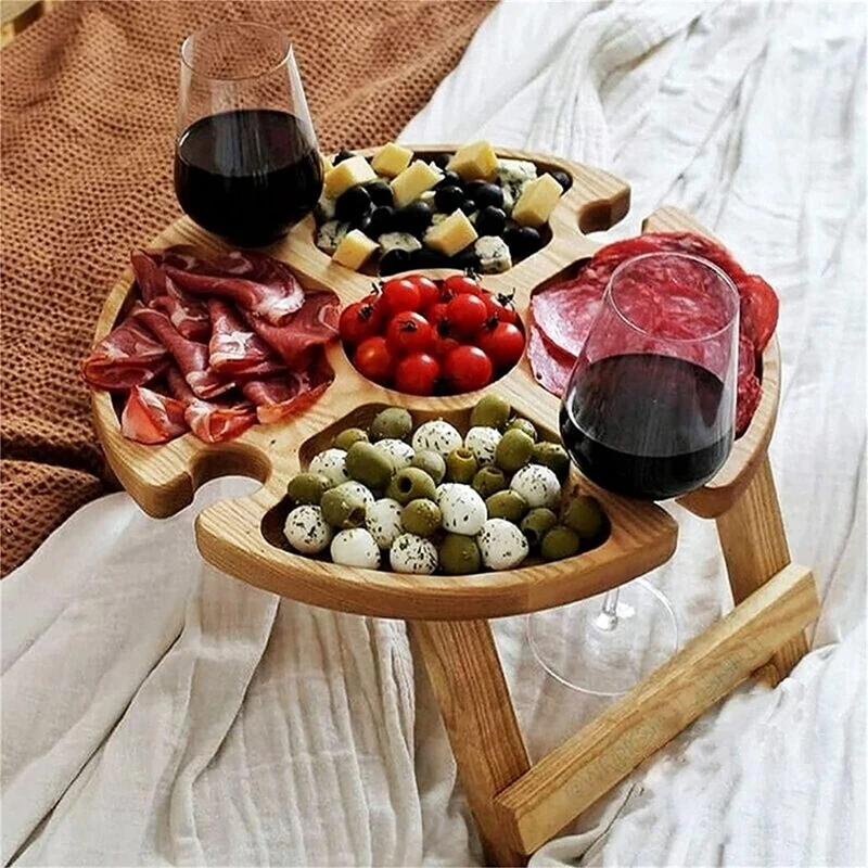 

Portable Round Wooden Outdoor Folding Picnic Table Glass Holder Garden Wine Beach Camping Table