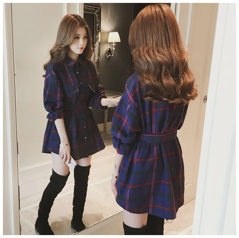 5106 Весна клетчатая рубашка женская с длинным рукавом с поясом английский стиль корейский стиль Свободная Повседневная Длинная рубашка туника фиолетовая зеленая