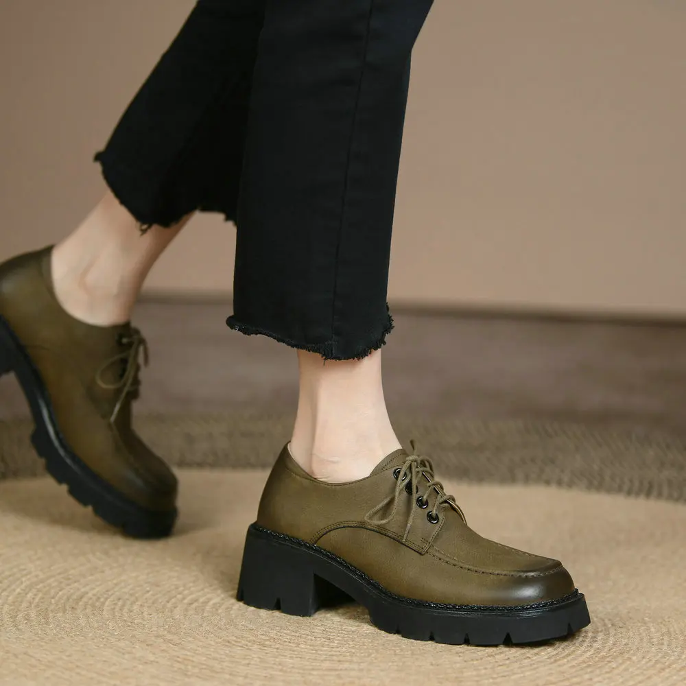 

EshtonShero Women Pumps Lace Up Round Toe Med Heels Spring Summer Platform Genuine Leather Working Casual Shoes Woman Feetwear