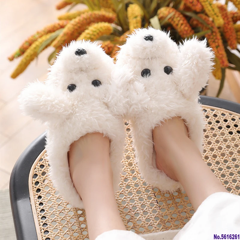 

Winter House Warm Fur Slippers For Women Cute Dog Desginer Bedroom Flat Ladies Plush Shoes Indoor Cartoon Women Furry Slippers