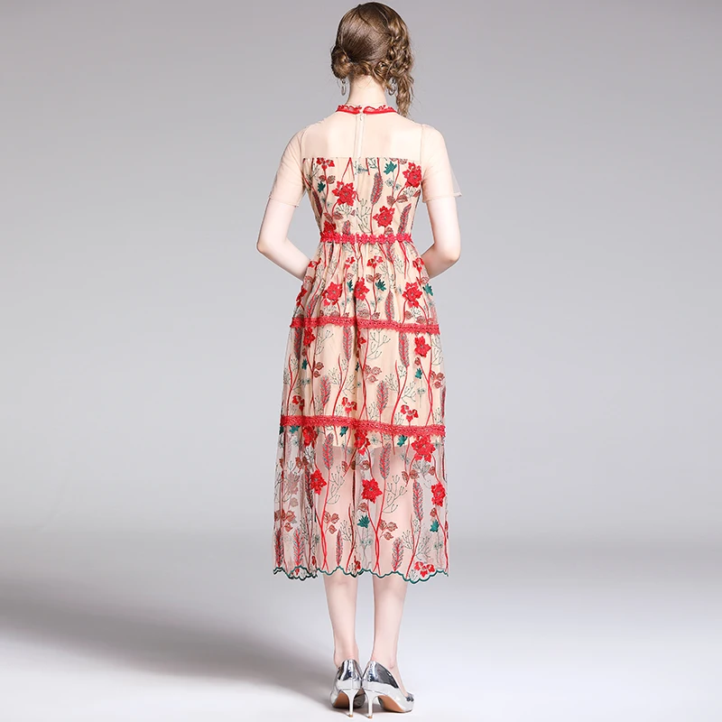 

Embroidery Mesh Dress Slim Fashion Work Casual Dresses Women Robes Short Sleeve A-line Vintage Vestidos TA9133
